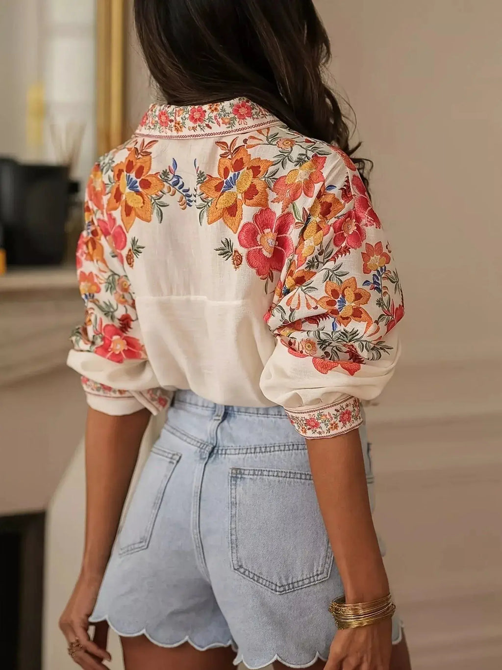 Floral Print Button-Up Shirt, white base with colorful flowers, sleeves rolled up