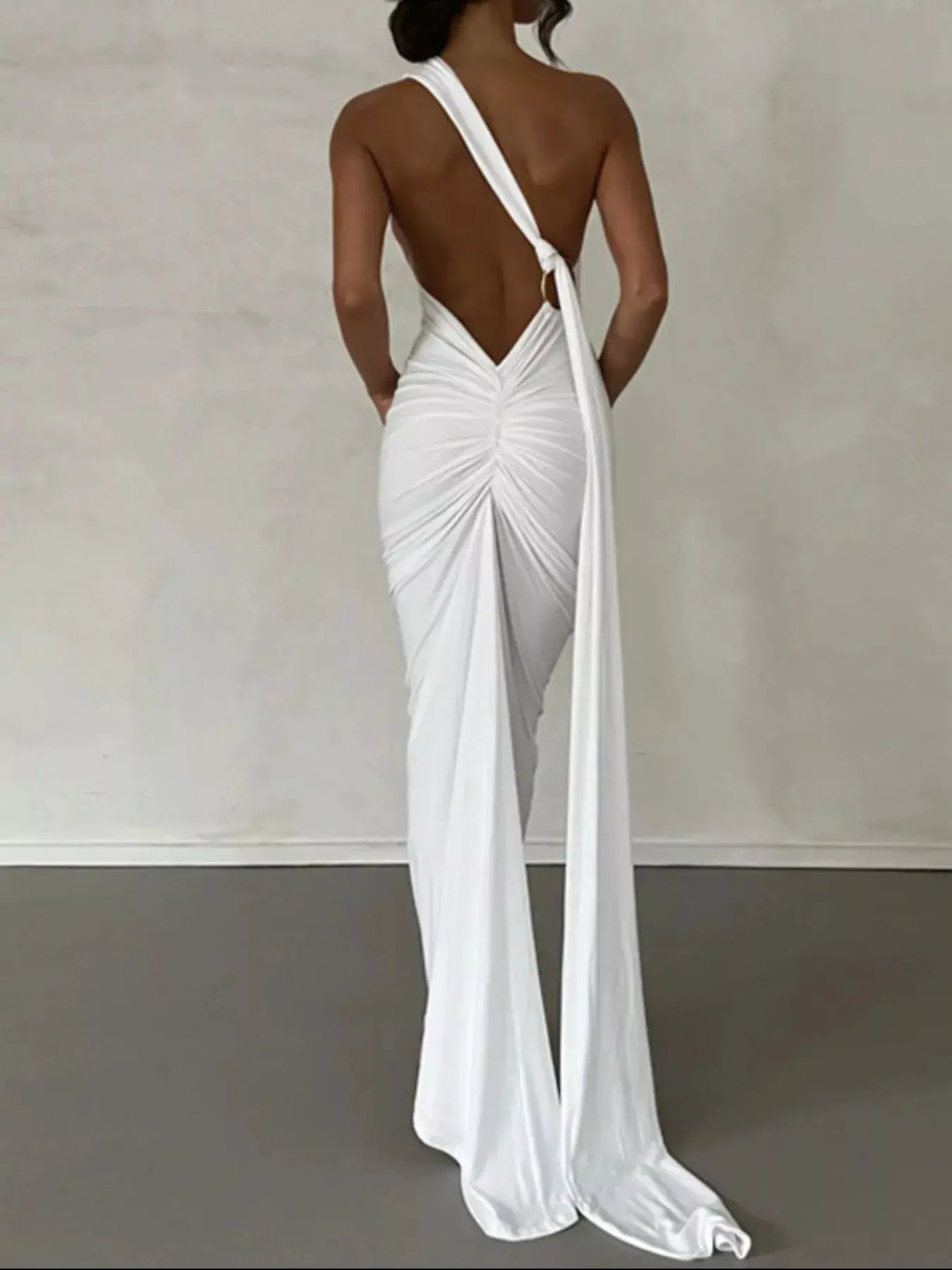 Backless One-Shoulder Ruched Bodycon White Maxi Dress