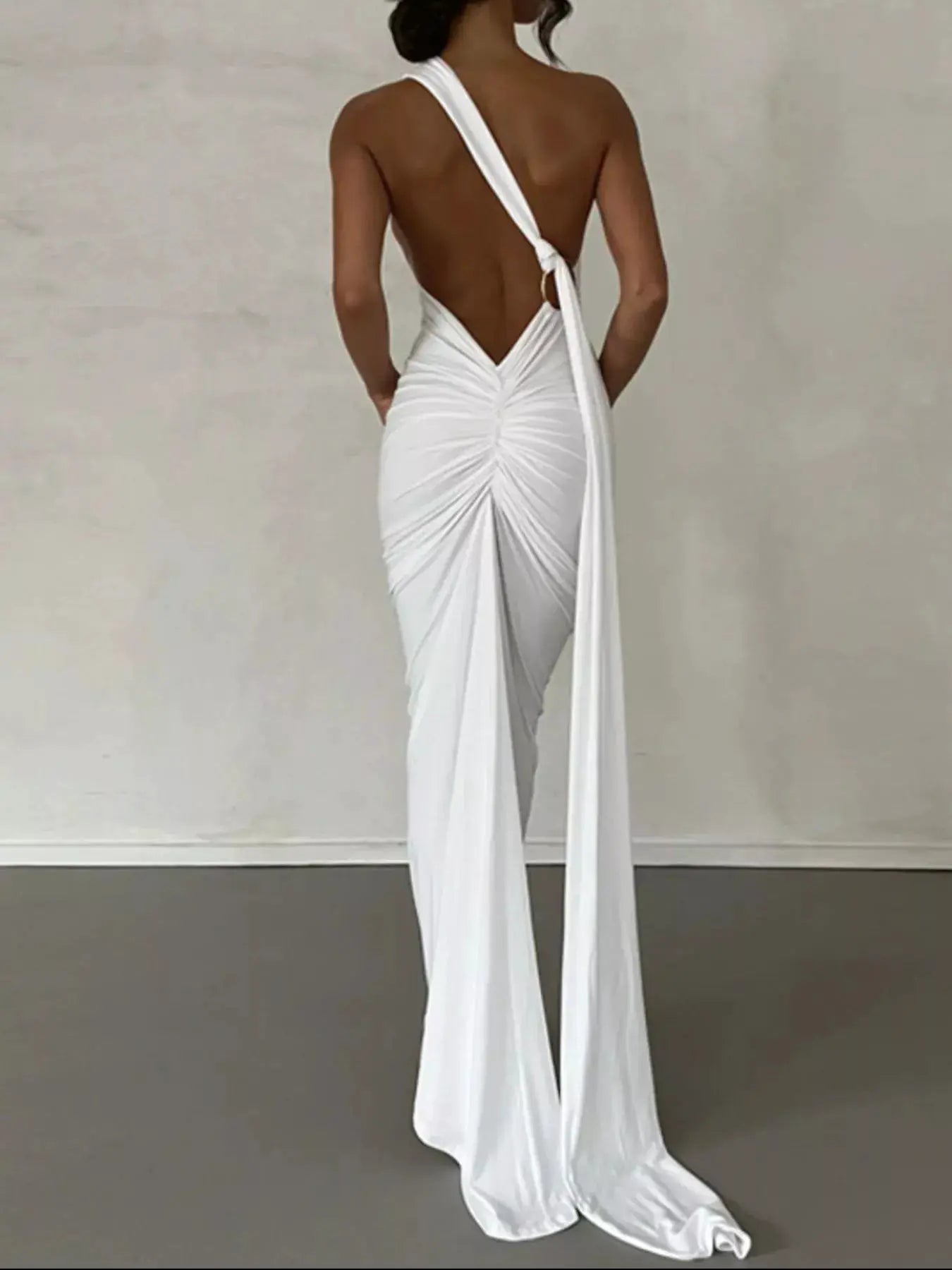 Backless One-Shoulder Ruched Bodycon White Maxi Dress