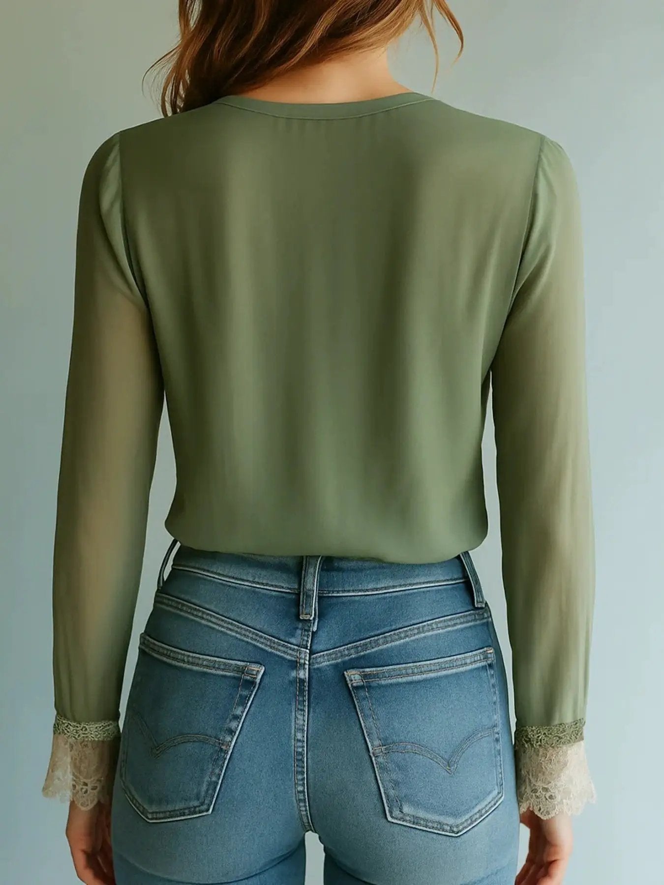 Lace Detail Floral Blouse in olive green with lace-trim cuffs by Trendsi