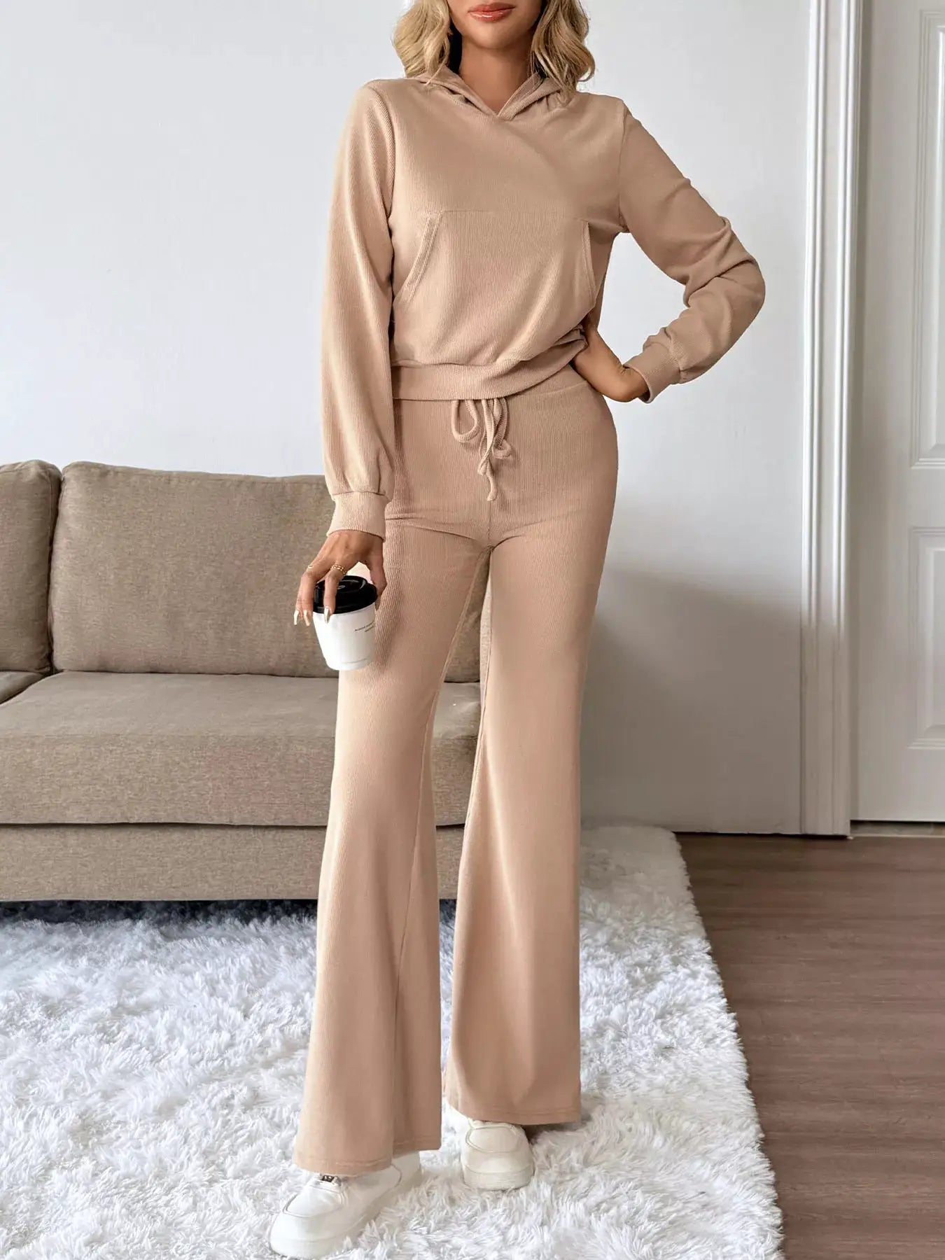 Long Sleeve Hoodie and Pants Set in beige knit with drawstring waist; cozy active loungewear.