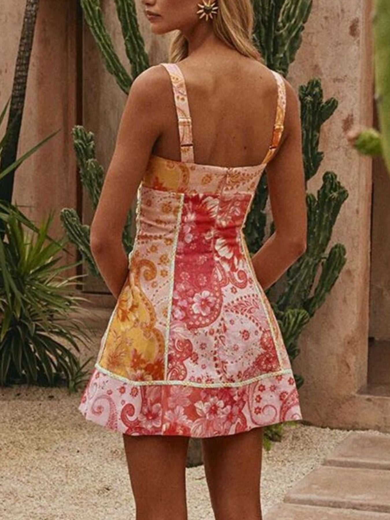 Floral Print Lace-Up Mini Dress by Belle Bijouix, pink and yellow patchwork, back view