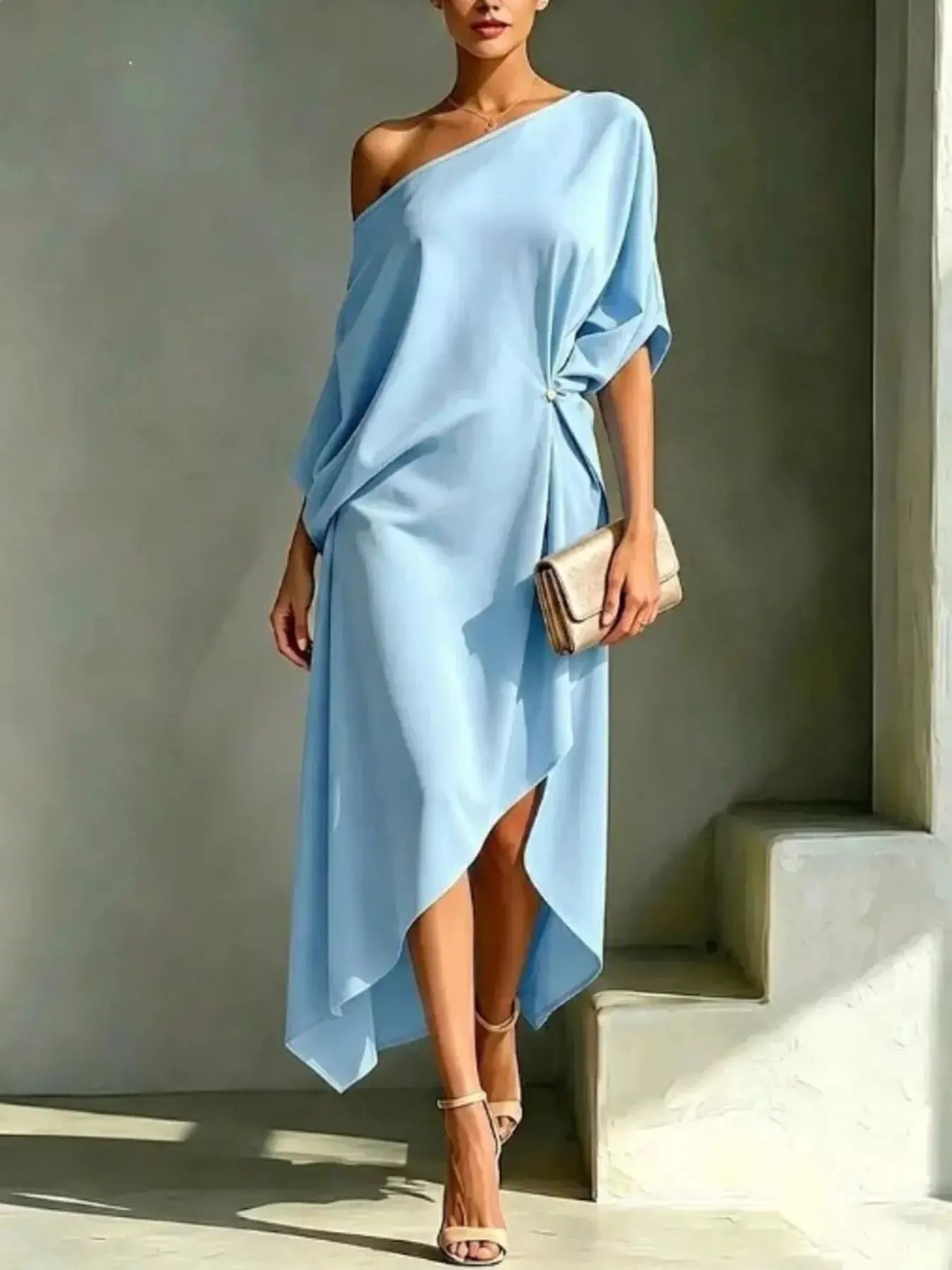 Plus-size Belle Bijoux one-shoulder draped dress in light blue with side knot and high-low hem