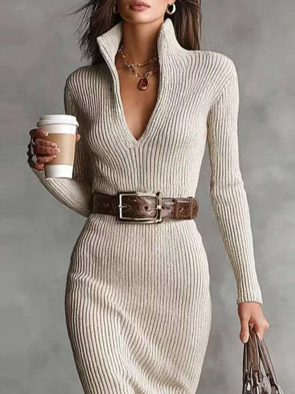 Elegant ribbed knit turtleneck midi sweater dress in cream by Trendsi