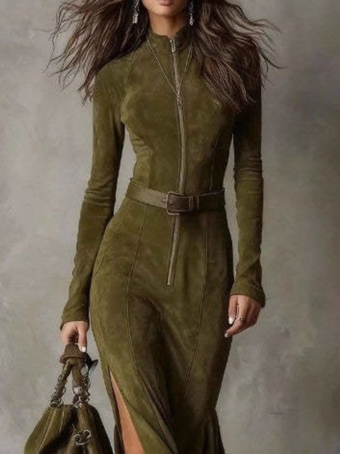 Full-size belted zip-front long-sleeve dress plus size in olive green with thigh slit