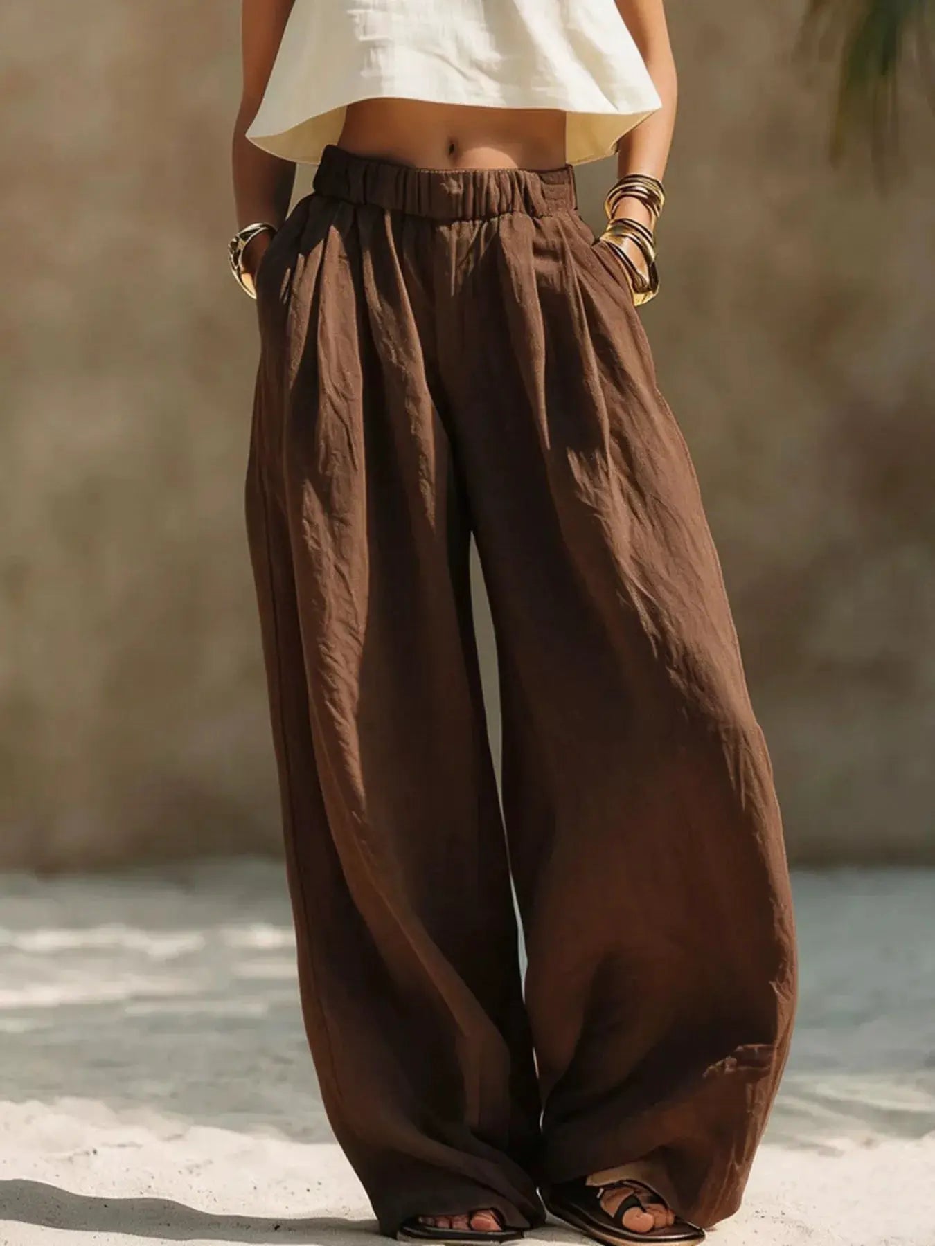 Full Size Elastic Waistband Wide-Leg Pants by Trendsi, brown, plus size