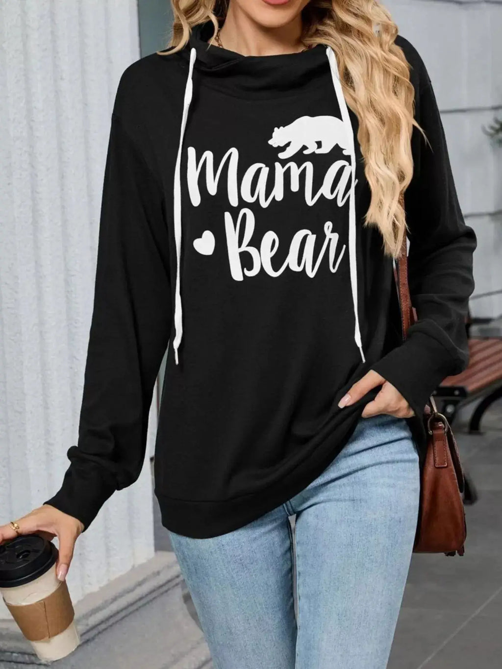 Letter Drawstring Long Sleeve Hoodie, black with Mama Bear graphic and white drawstrings
