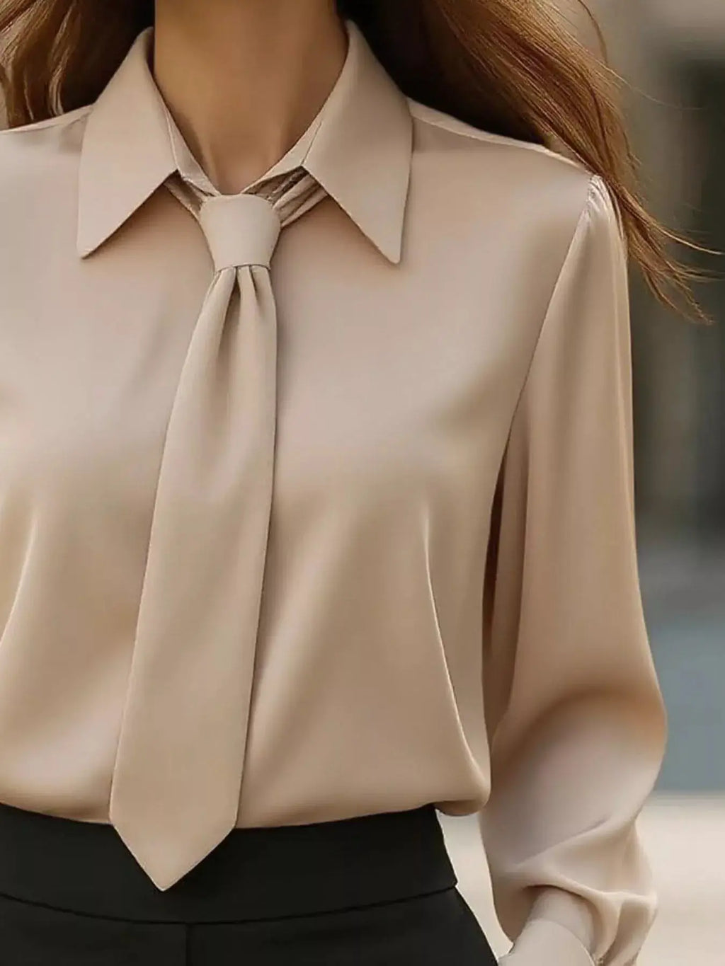 Collared neck long-sleeve blouse in beige with a front necktie