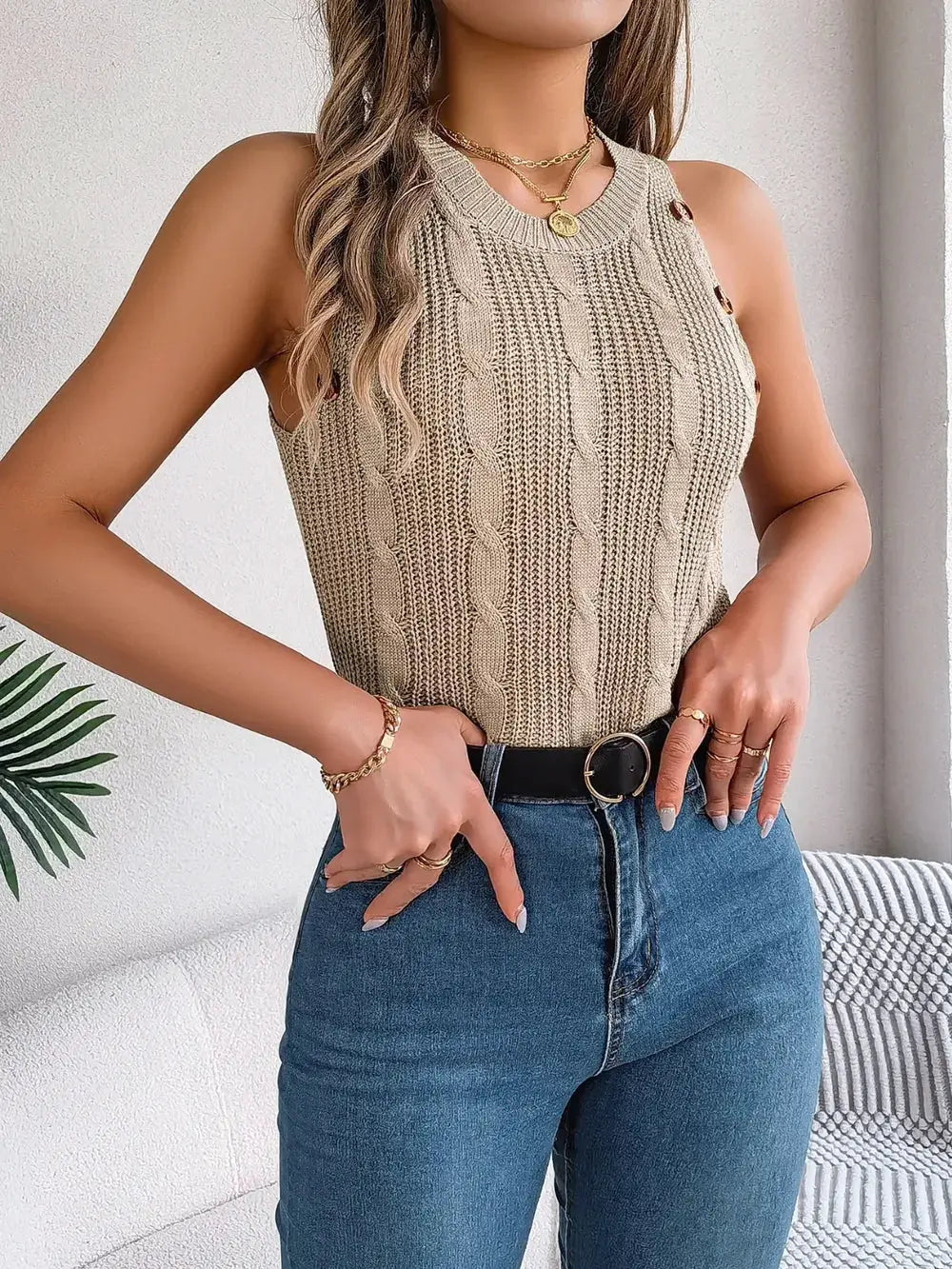 Cable-Knit Round-Neck Vest top in beige, sleeveless knit with a textured pattern.
