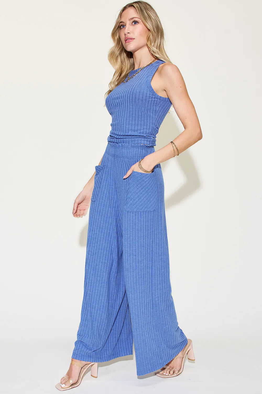 Basic Bae ribbed tank top and wide-leg pants outfit set in blue by Belle Bijouix