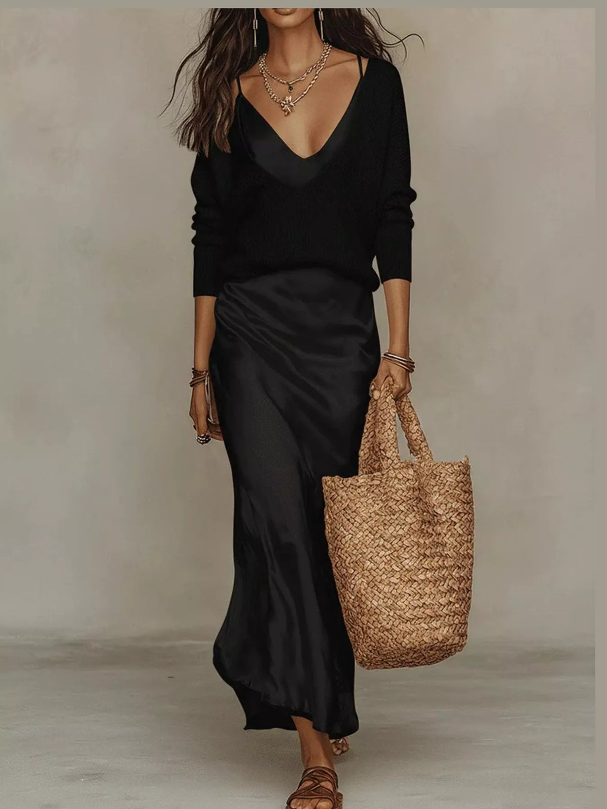 V-Neck Sweater & Satin Slip Maxi Dress Set in Black by Belle Bijouix – view 5 of 41