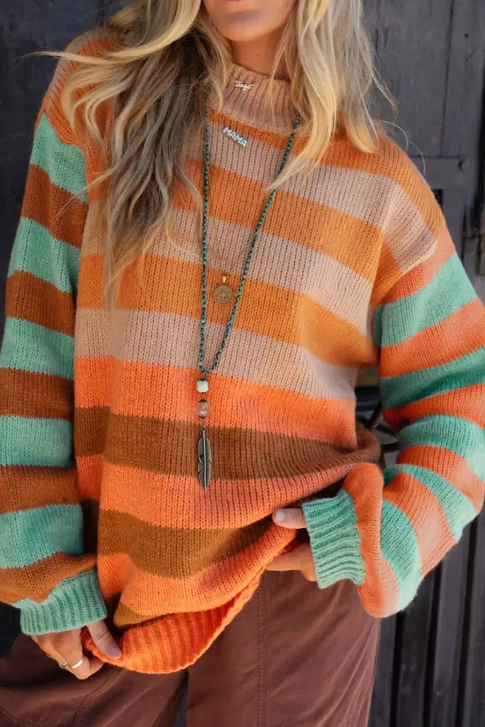 Striped Rainbow Long Sleeve Sweater by Belle Bijouix in orange, mint green, beige