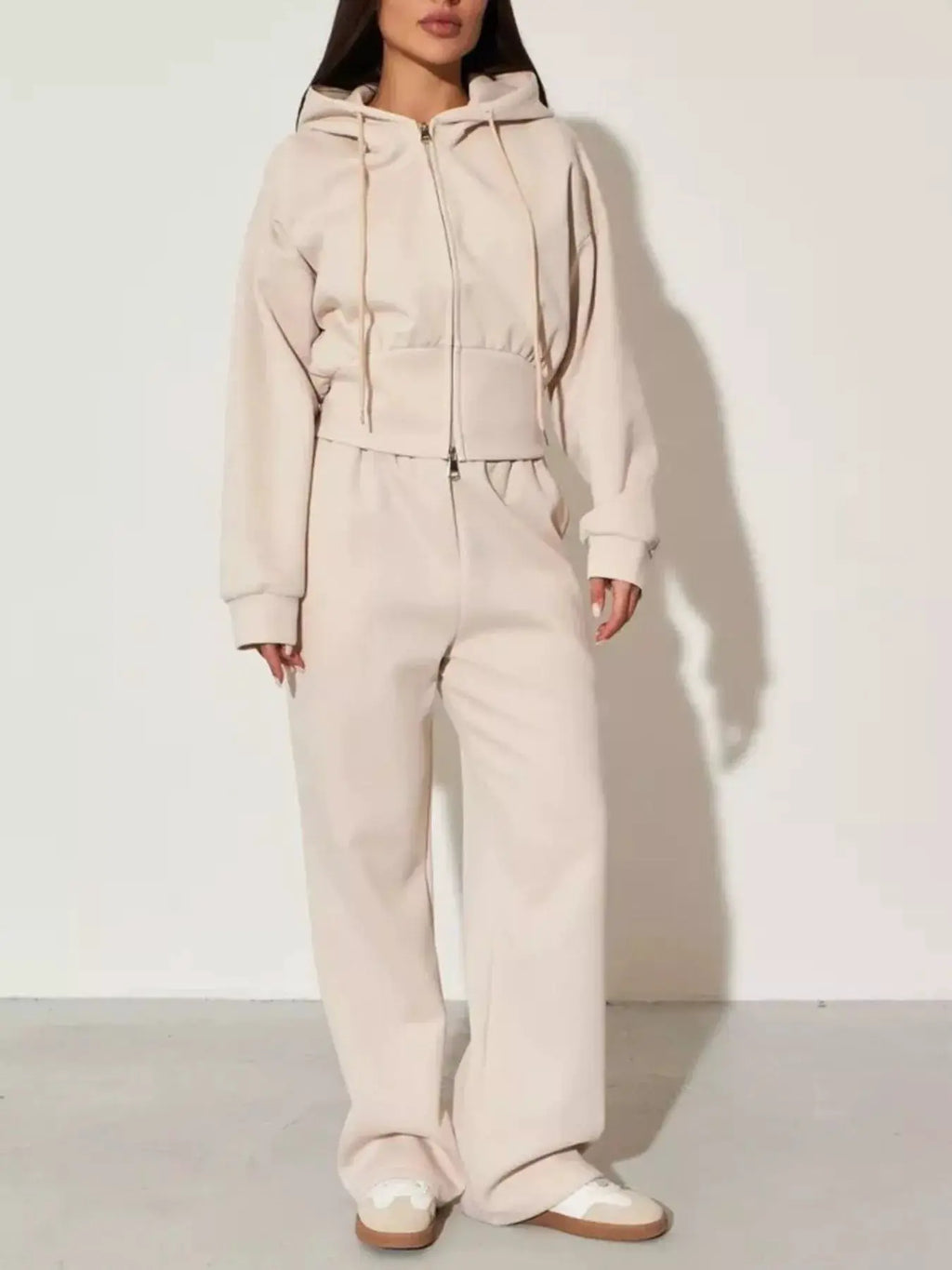 Zip-Up Hoodie & Wide-Leg Pants Set in cream beige by Belle Bijouix; women's loungewear set