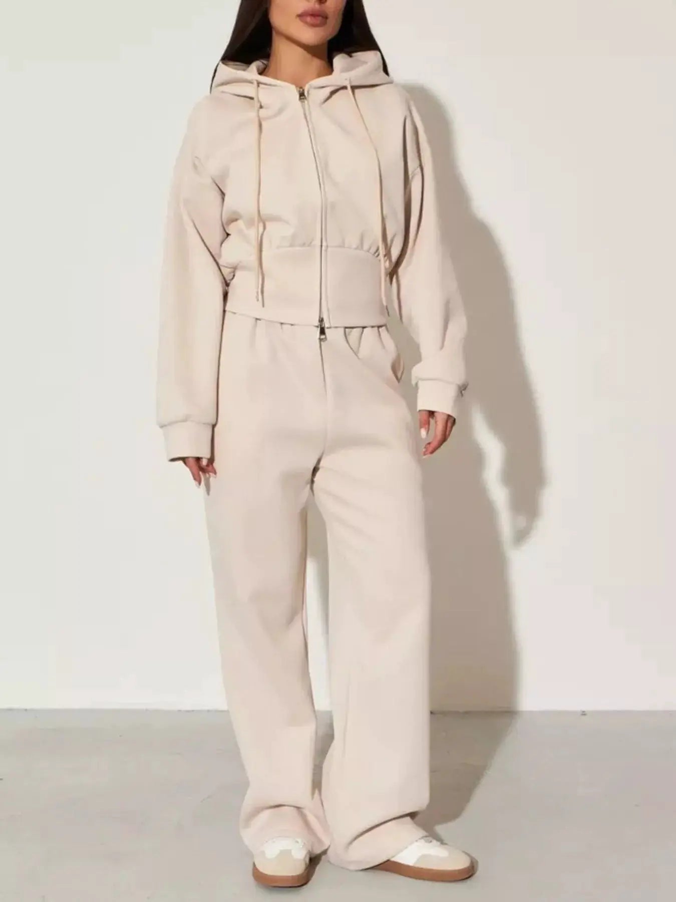 Zip-Up Hoodie & Wide-Leg Pants Set in cream beige by Belle Bijouix; women's loungewear set