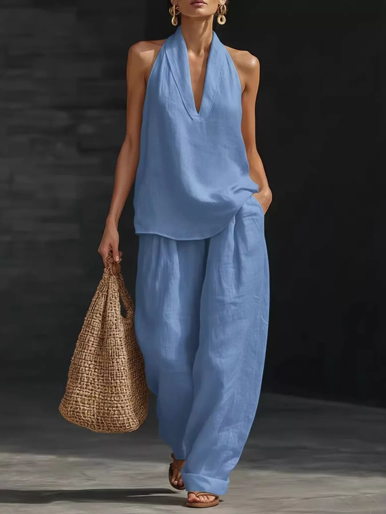 Trendsi two-piece light-blue halter-neck top and wide-leg pants set, plus size