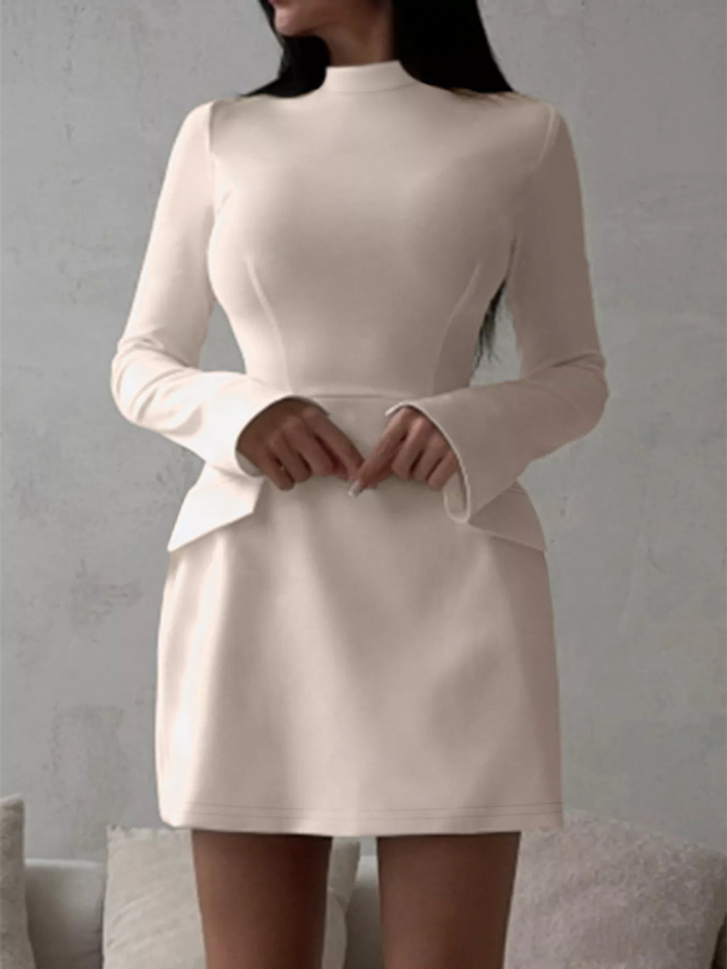 Mock Neck Long Sleeve Bodycon Dress in cream color with minimalist silhouette