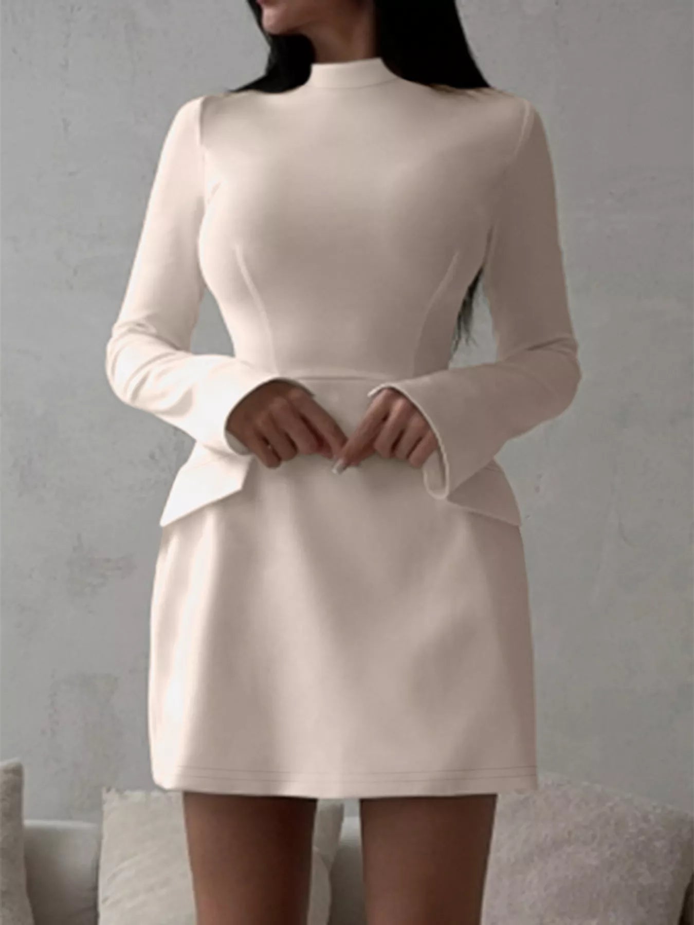Mock Neck Long Sleeve Bodycon Dress in cream color with minimalist silhouette