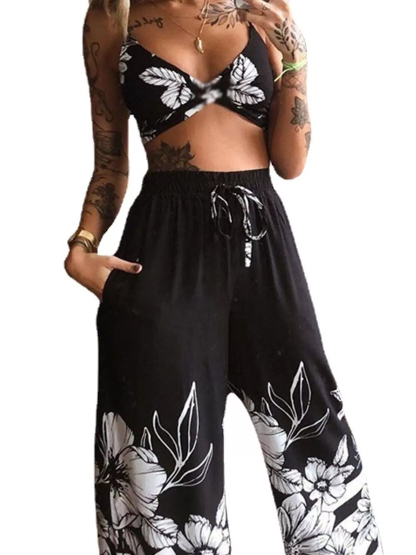 Boho butterfly print top and pants set by Trendsi, black with white butterfly and floral prints.