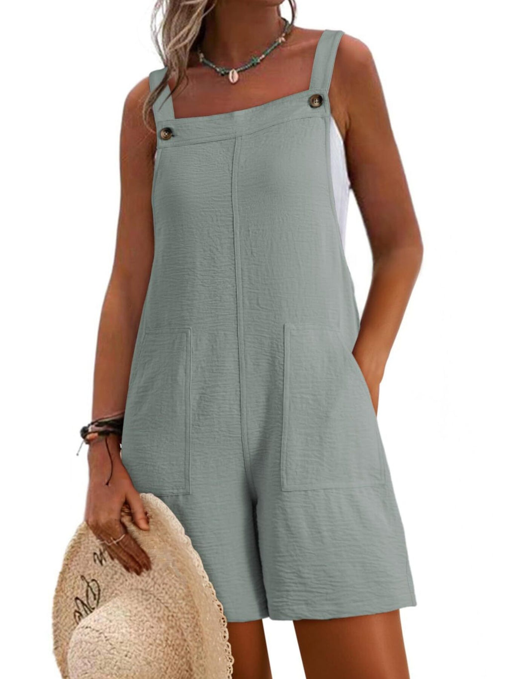 Casual wide-strap overalls with pockets in sage green, buttoned straps by Bellebijouix