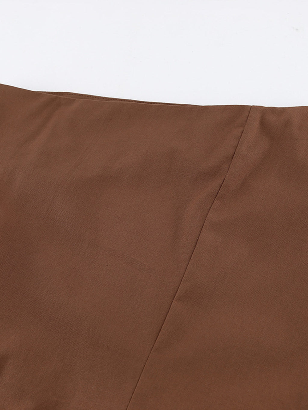 Belle Bijouix One-Shoulder Top and Shorts Set in brown fabric with ruched, asymmetrical details