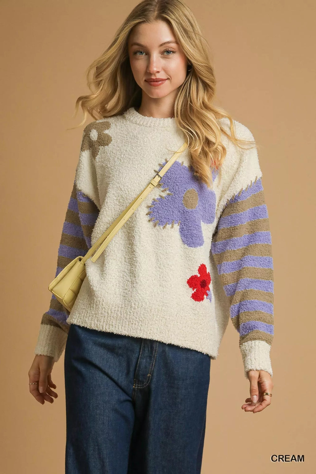 Umgee flower jacquard striped long-sleeve sweater in cream with lavender floral accents and striped sleeves