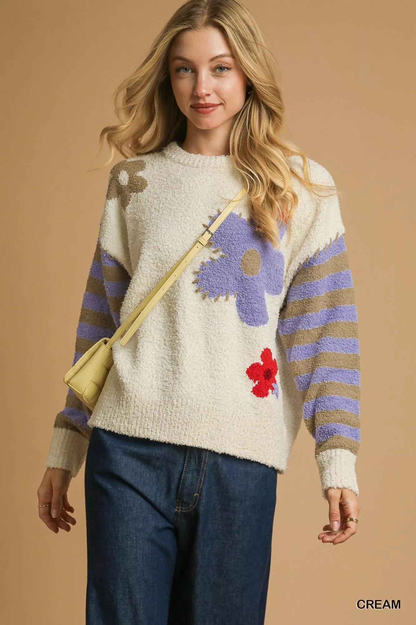 Umgee flower jacquard striped long-sleeve sweater in cream with lavender floral accents and striped sleeves