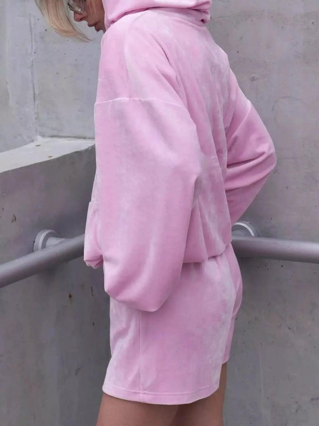 Zip-Up Hoodie & Shorts activewear set in pink velour by Belle Bijouix; two-piece outfit.