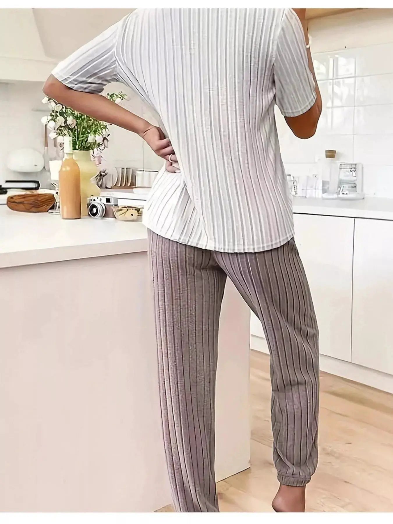 Heart Ribbed Knit Top and Pants Lounge Set by Belle Bijouix, two-piece light gray ribbed knit loungewear
