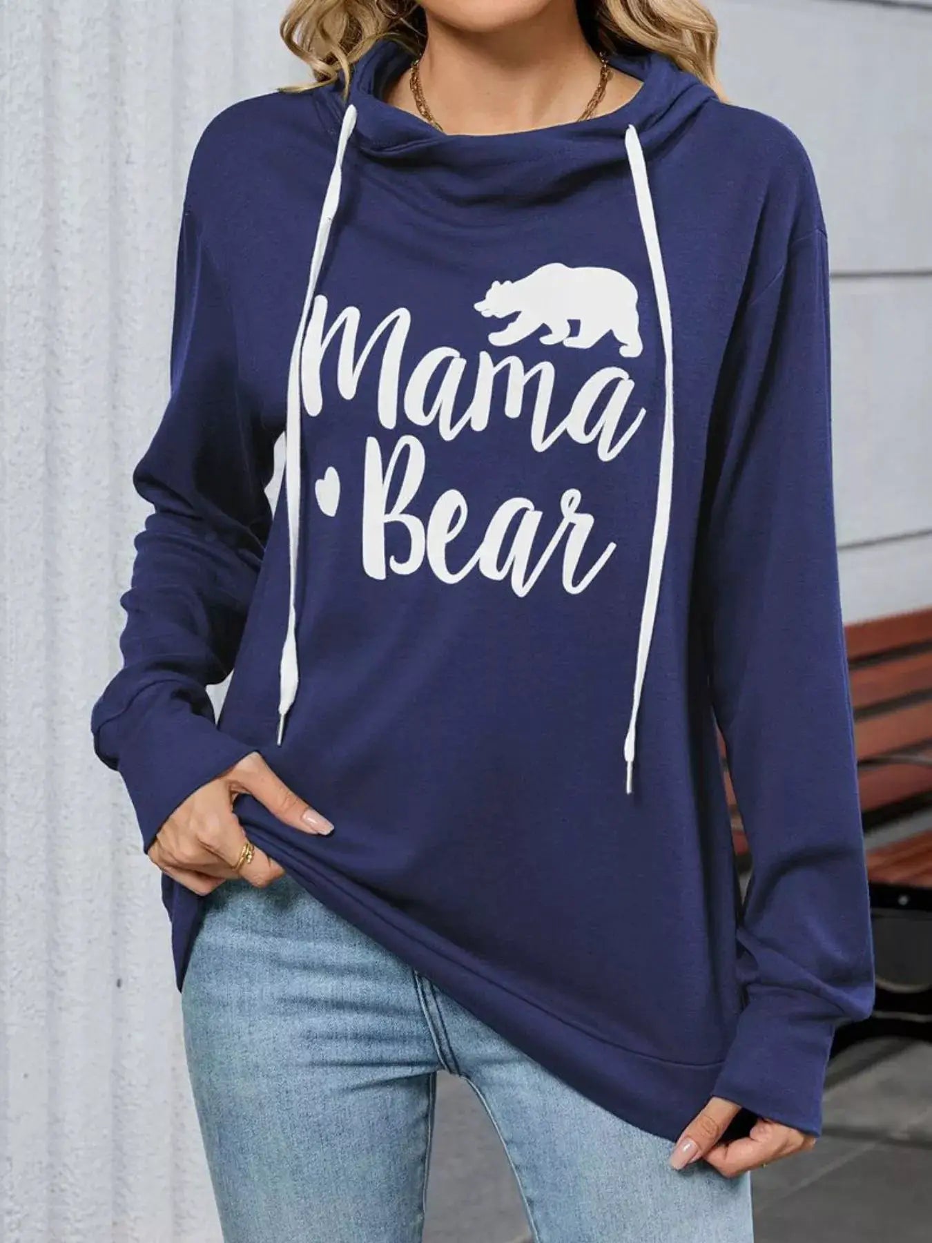 Letter Drawstring Long Sleeve Hoodie in navy with white drawstrings and Mama Bear graphic.