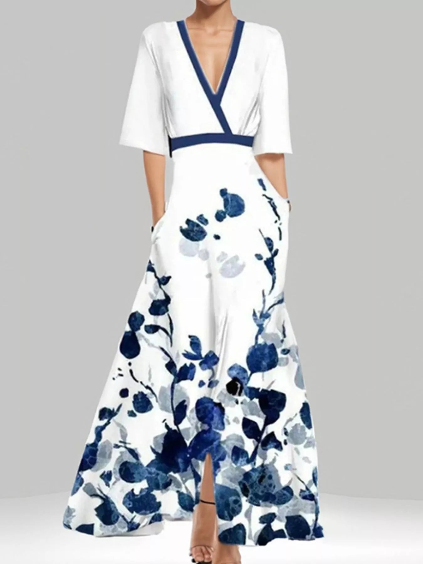 Floral Print Half Sleeve Maxi Dress with Pockets, white with navy trim, deep V-neck crossover bodice, side pockets.