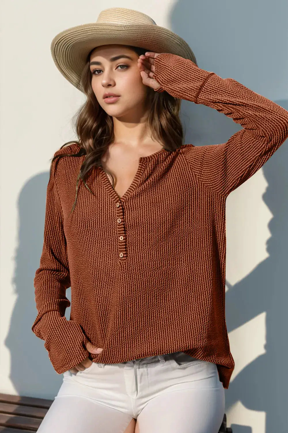 Double Take Full Size Notched Thumbhole Long Sleeve T-Shirt in rust knit by Belle Bijouix