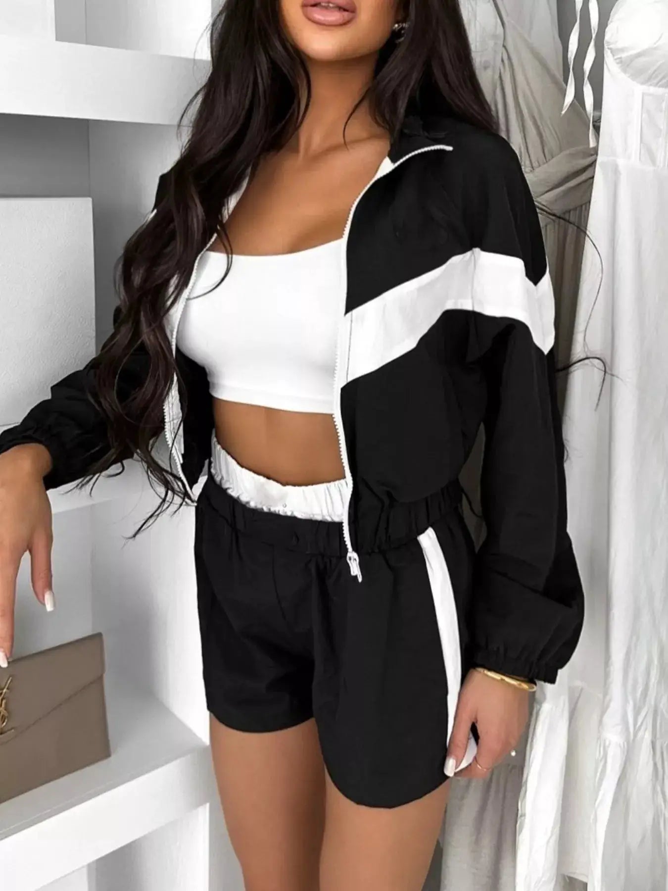 Zip-Up long-sleeve outerwear and shorts set in black with white stripe details, women's active two-piece