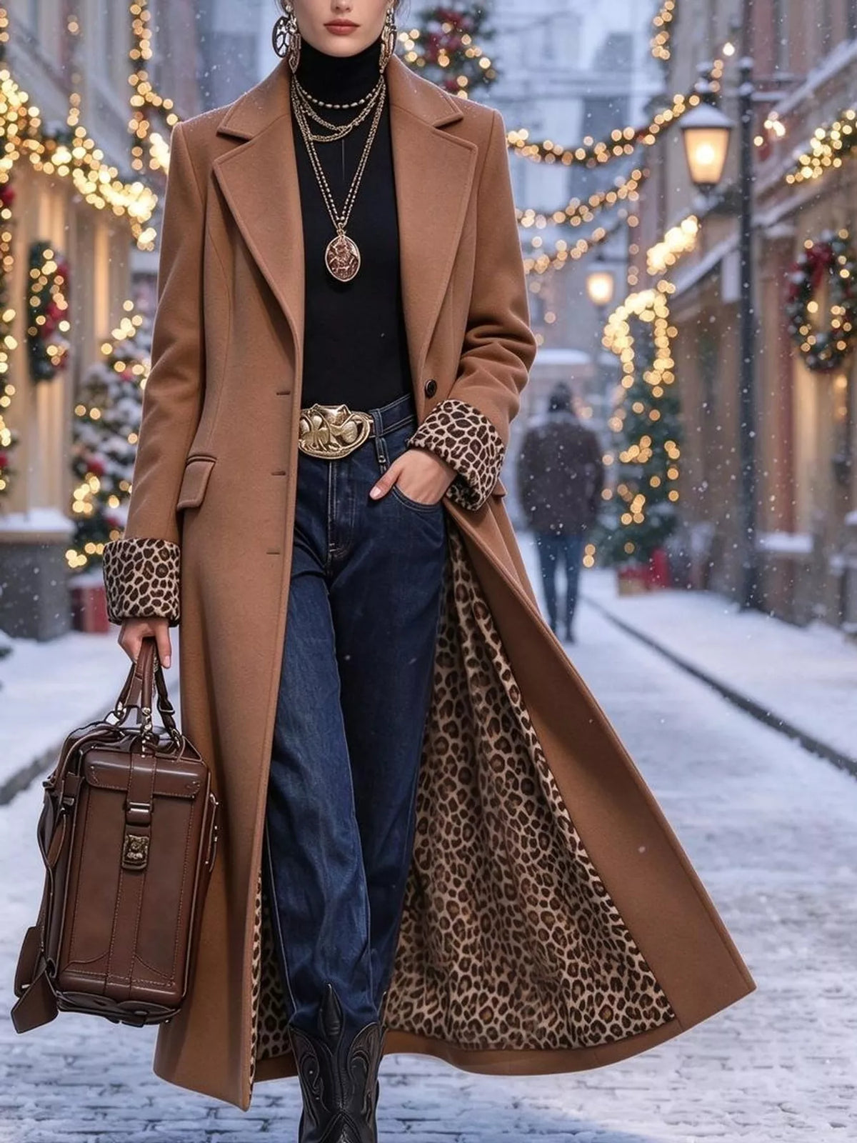 Leopard-Lined Longline Coat in Camel by Belle Bijouix – view 8 of 13