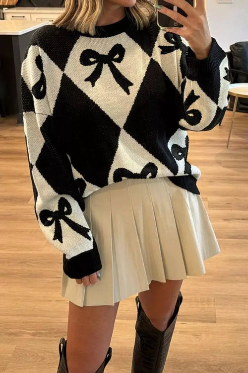 Bow Pattern Long Sleeve Contrast Sweater, black and white knit top