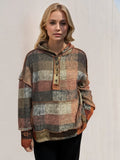 Double Take full-size fleece hoodie, earth-tone plaid with dropped shoulders, Tops