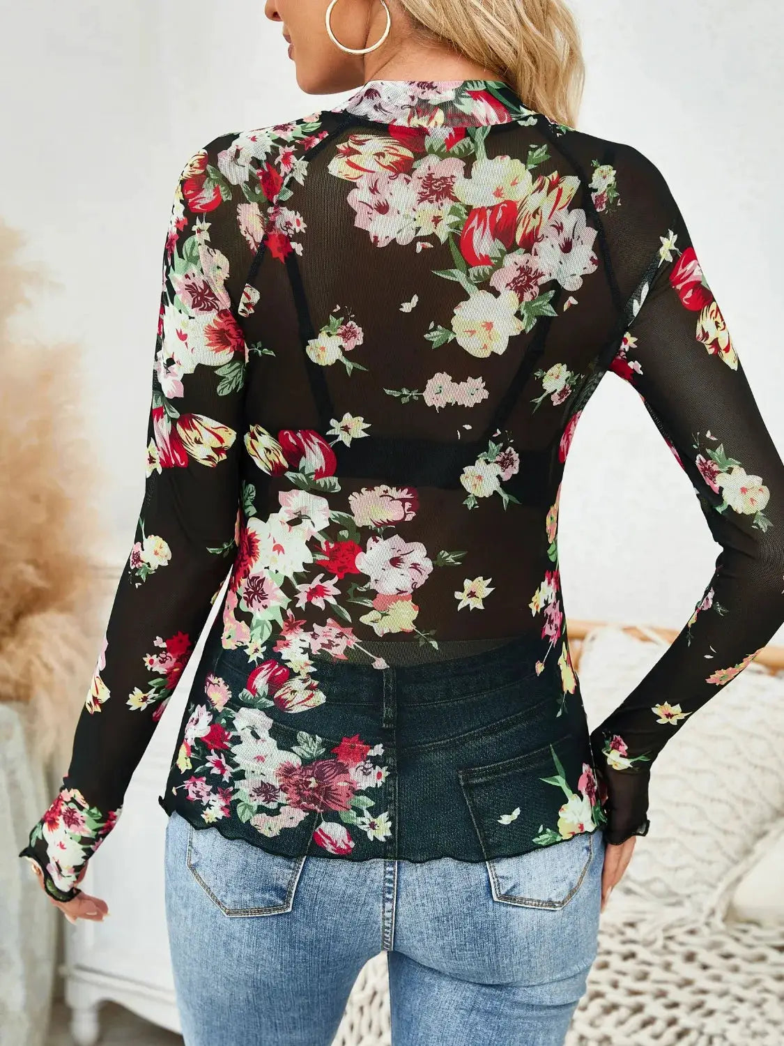 Floral Mock Neck Long Sleeve Top in sheer black mesh with pink, red and white blooms