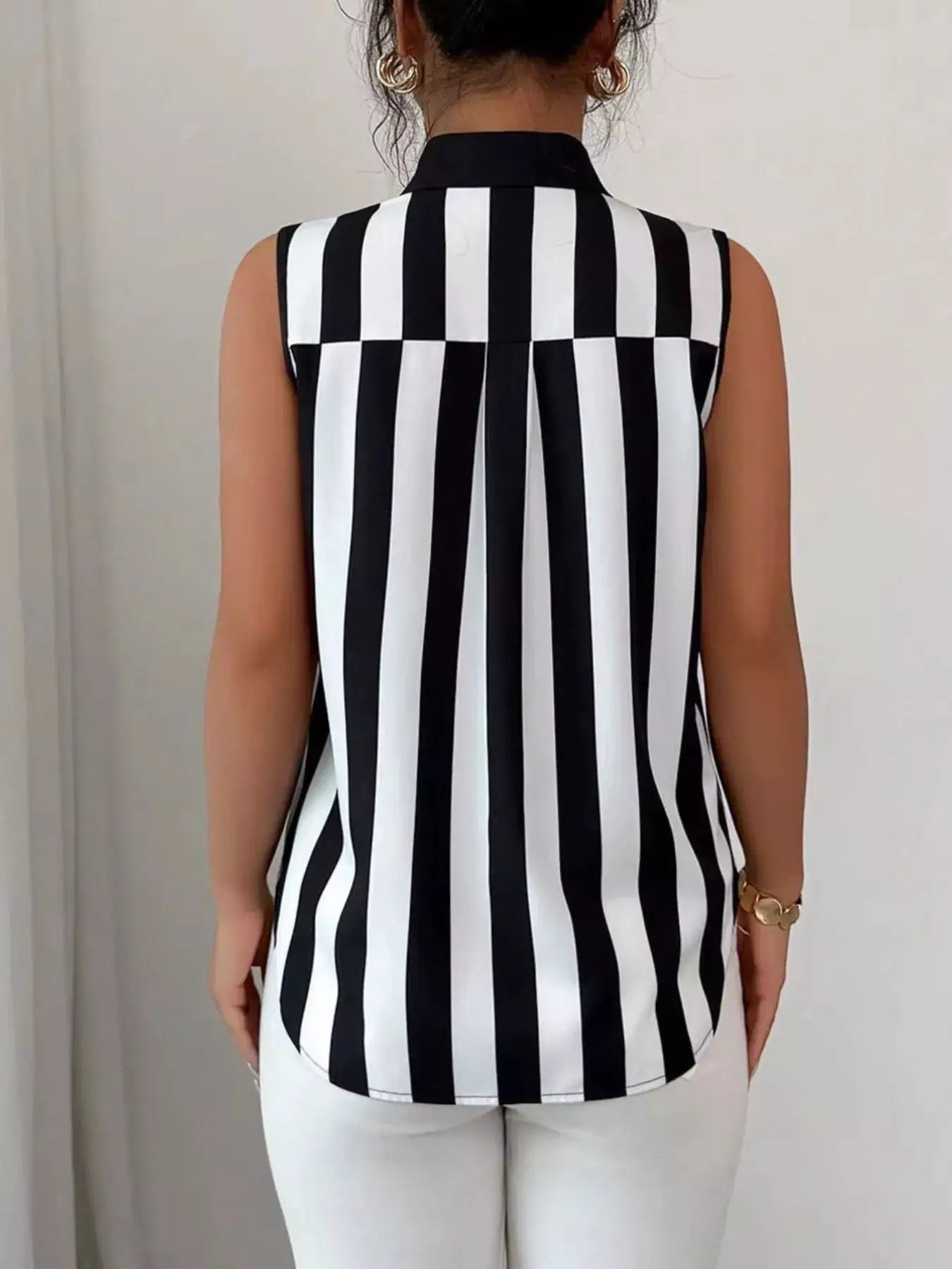 Button Up Sleeveless Shirt with black-and-white vertical stripes and black collar, back view