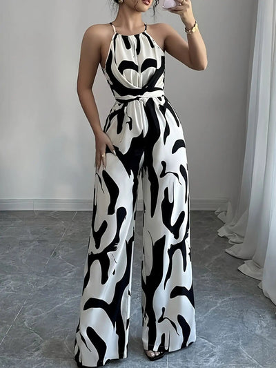 Abstract Print Sleeveless Wide Leg Jumpsuit – Women's Artistic One-Piece Statement
