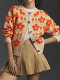 Flower Button Up Long Sleeve Cardigan by Belle Bijouix; beige knit with orange floral pattern, wooden buttons.