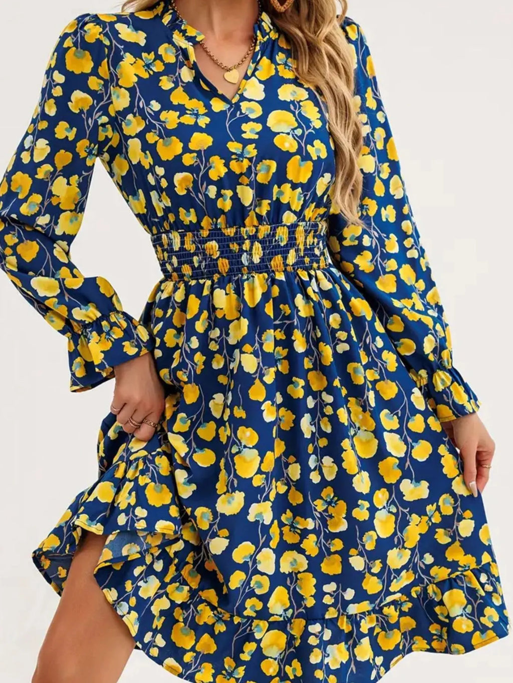 Floral Print Flounce Sleeve Ruffle Hem Dress by Belle Bijouix, navy with yellow flowers and a smocked waist