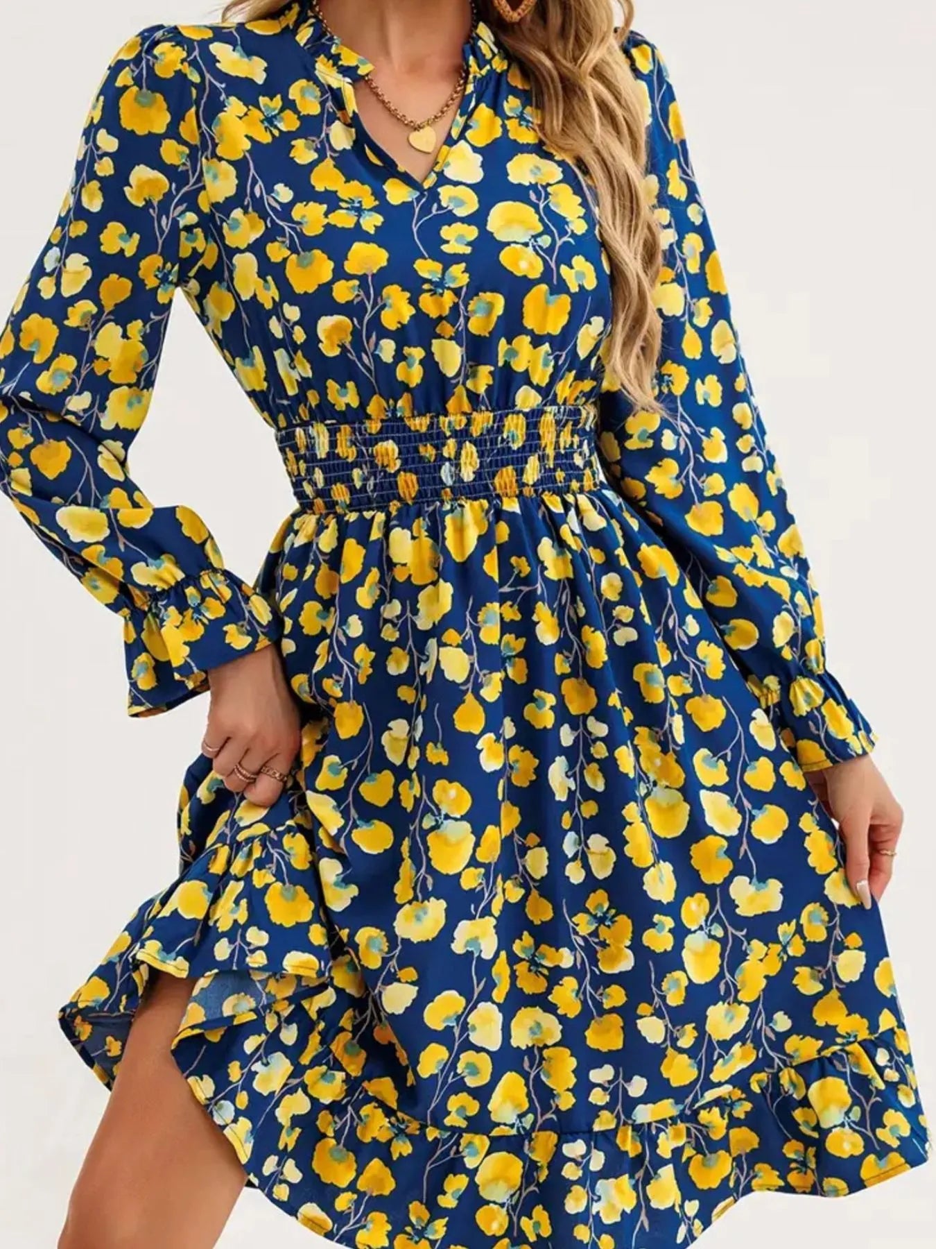 Floral Print Flounce Sleeve Ruffle Hem Dress by Belle Bijouix, navy with yellow flowers and a smocked waist