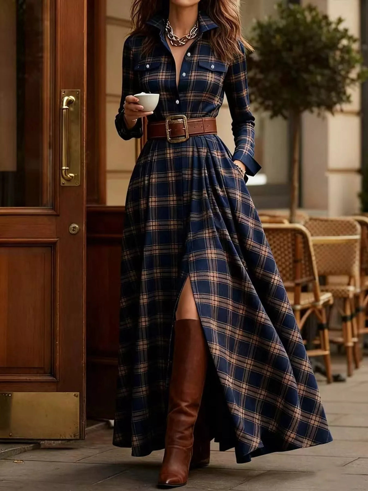 Belted Plaid Button-Down Maxi Shirt Dress in Dark Blue Plaid by Belle Bijouix – view 25 of 27