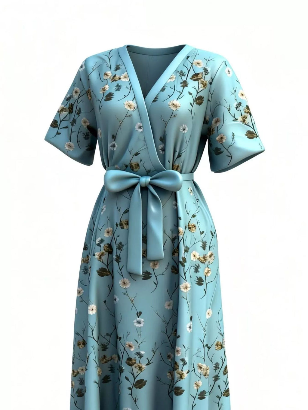 Floral print blue maxi dress with half sleeves, pockets, and a tied waist belt