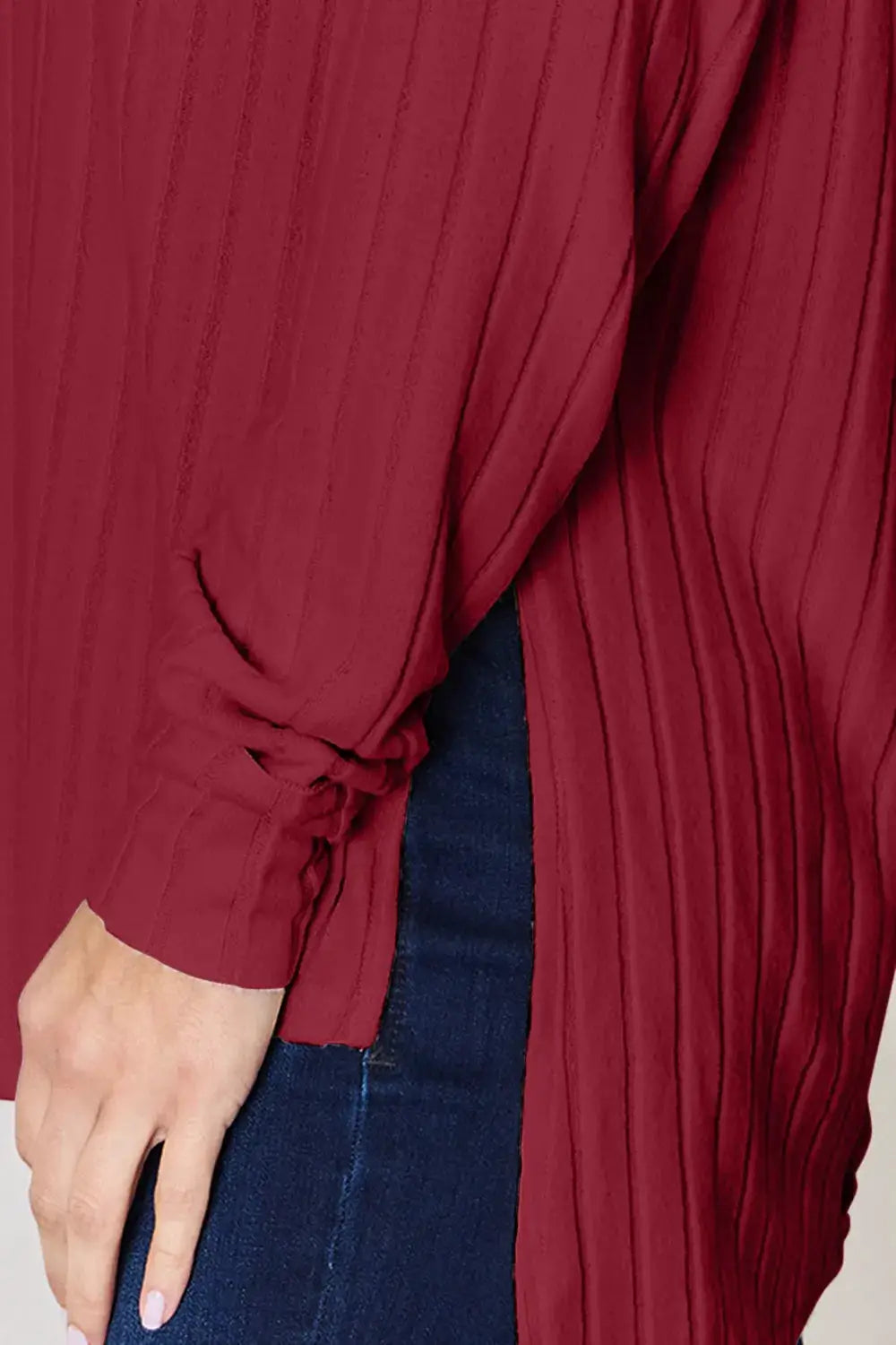 Basic Bae Full Size Ribbed Round-Neck Slit T-Shirt in red with knotted side hem