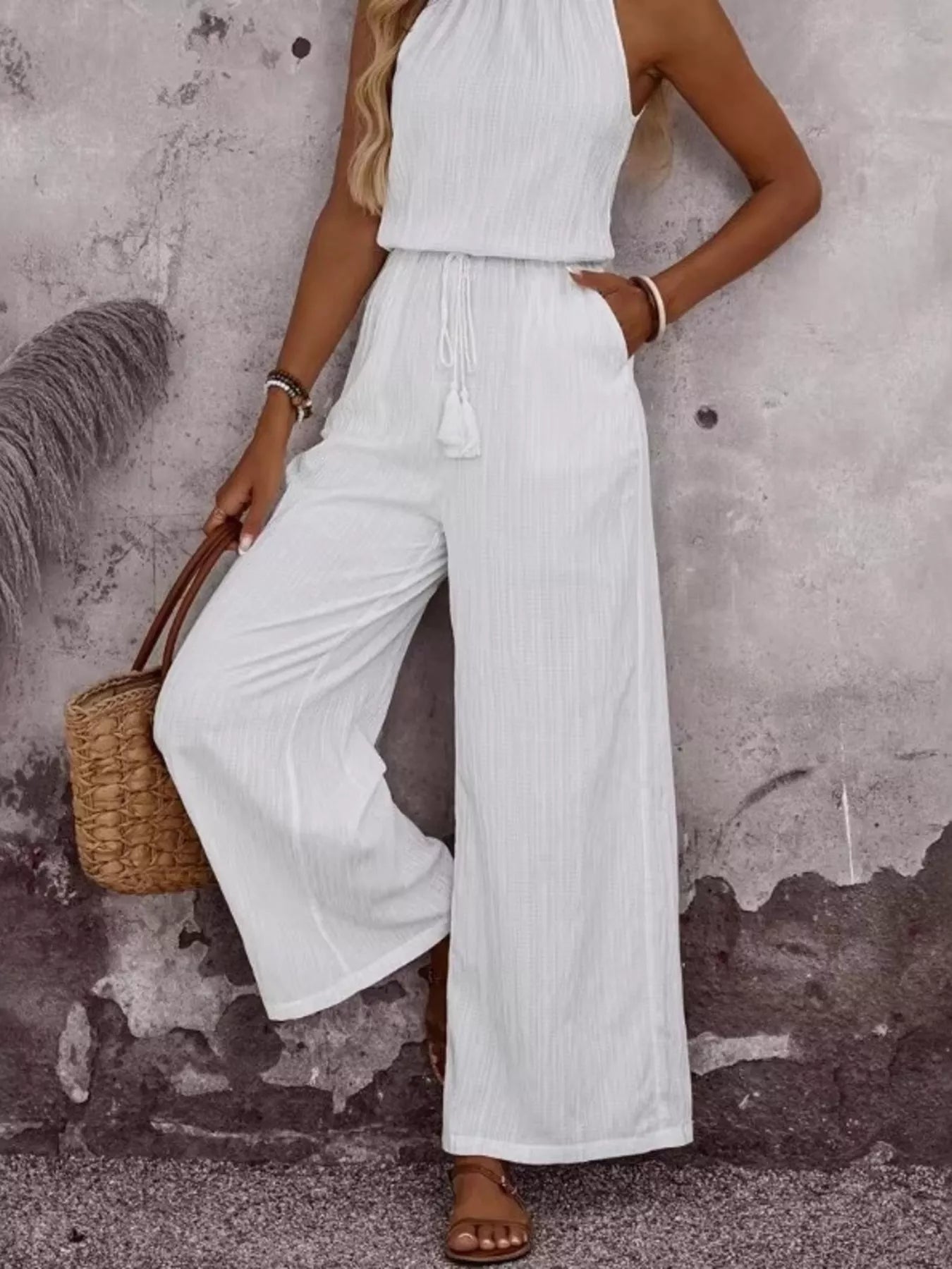 Jumpsuit by Trendsi, white tassel-belt sleeveless wide-leg, crinkled fabric, plus size