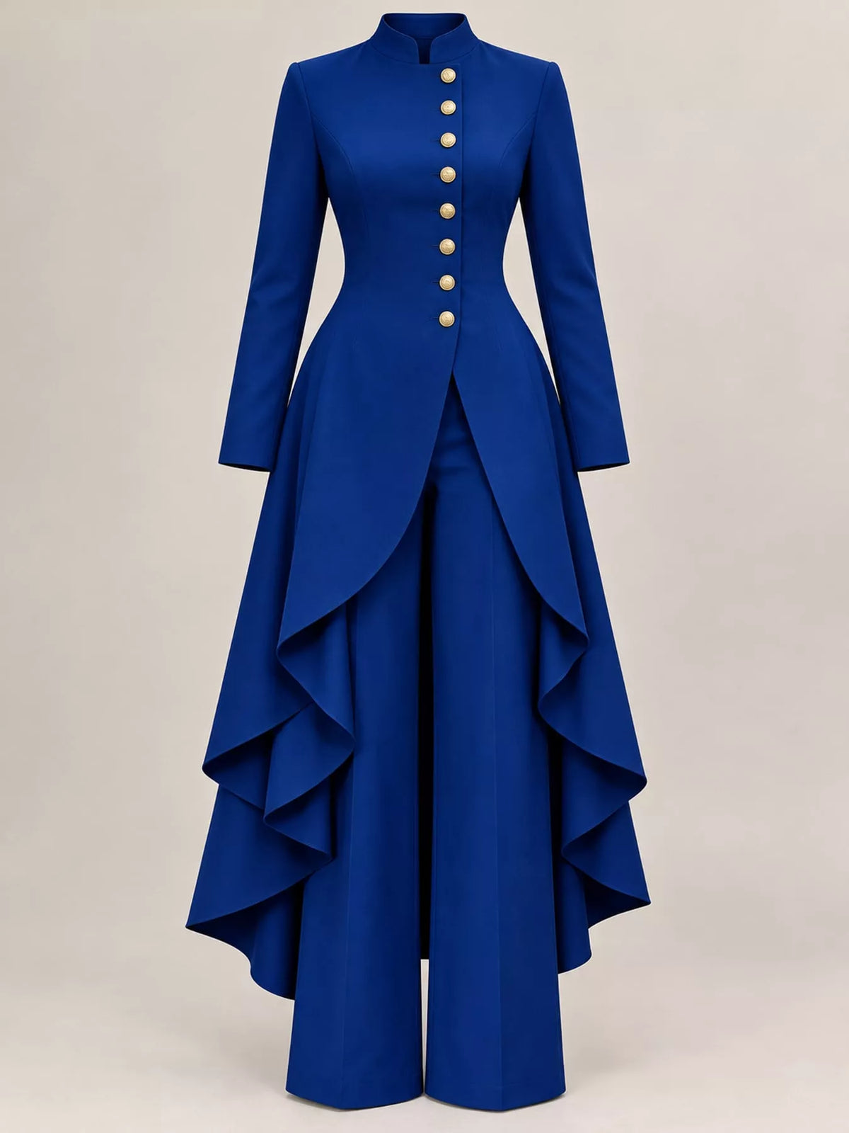 Ruffled High-Low Button Tunic & Wide-Leg Pants Set in Blue by Belle Bijouix – view 66 of 82