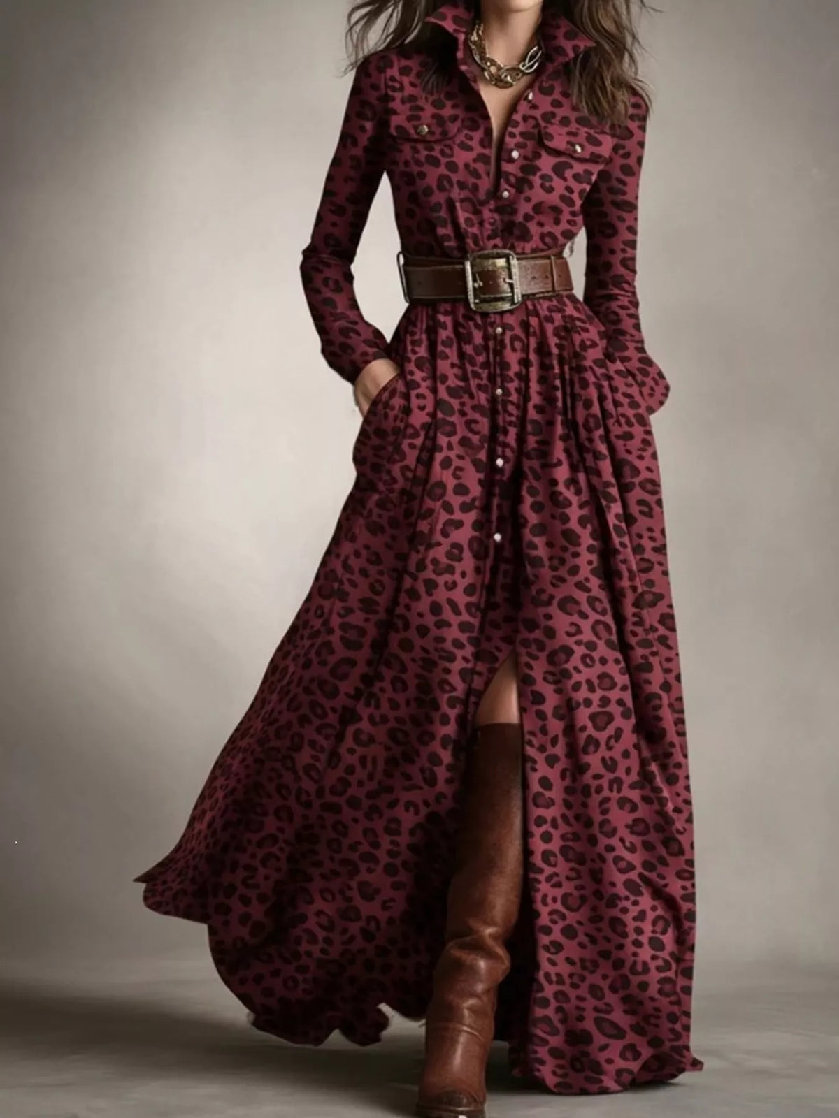 Belted Plaid Button-Down Maxi Shirt Dress in Red Leopard Print by Belle Bijouix – view 19 of 27