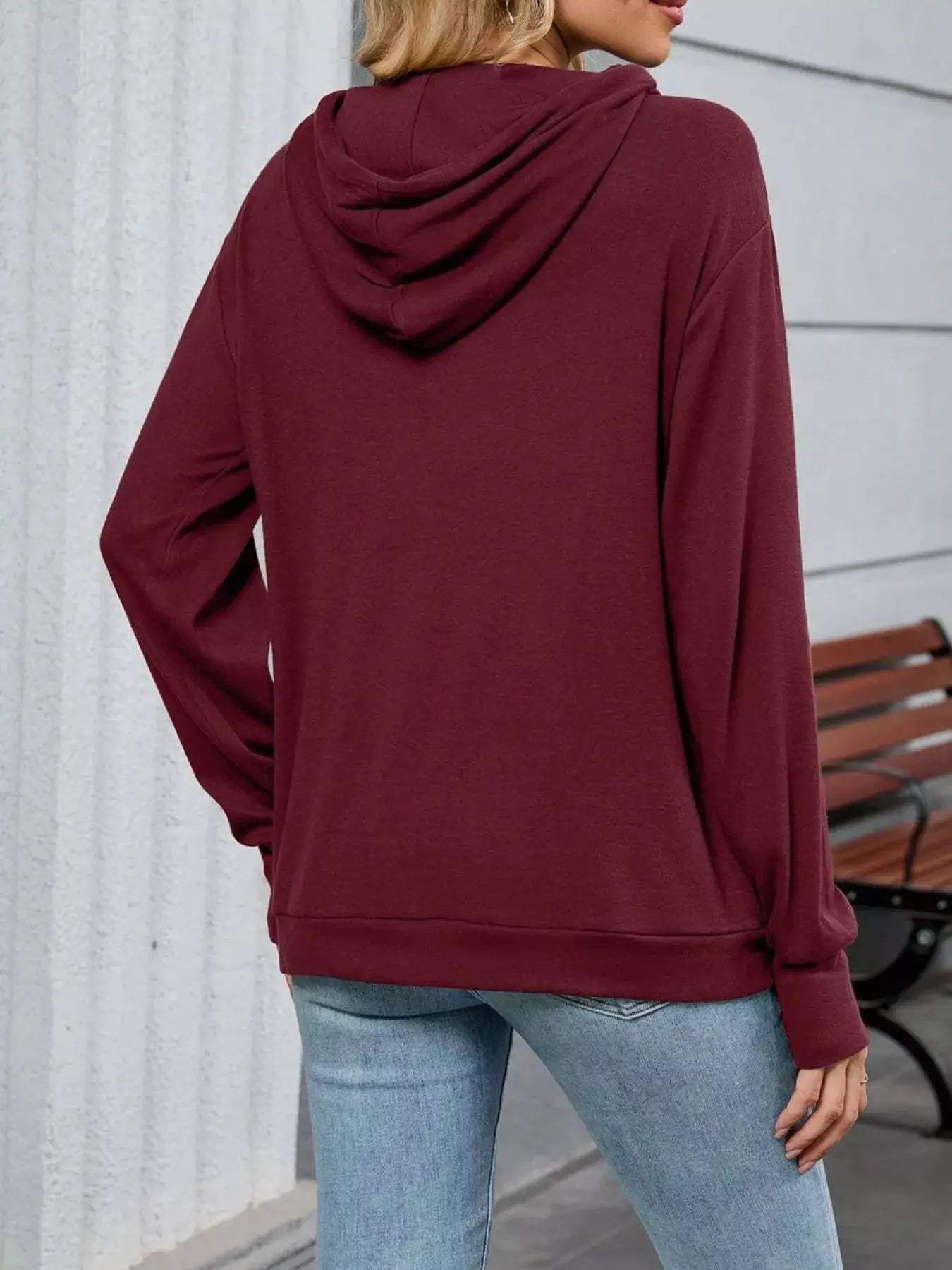 Letter Drawstring Long Sleeve Hoodie burgundy Belle Bijouix hooded top