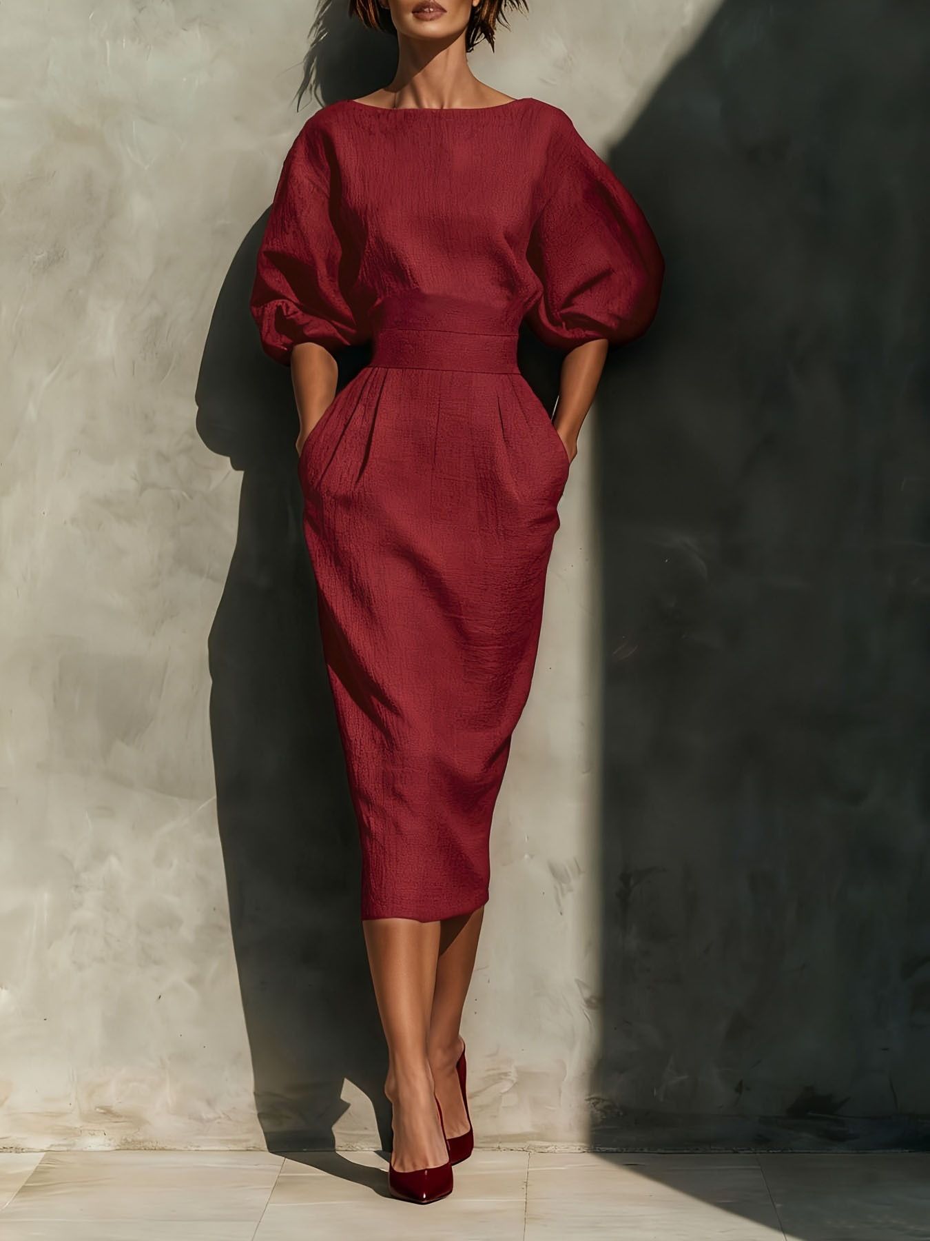 Round Neck Puff Sleeves Midi Dress by Trendsi, burgundy textured fabric with belted waist and pockets