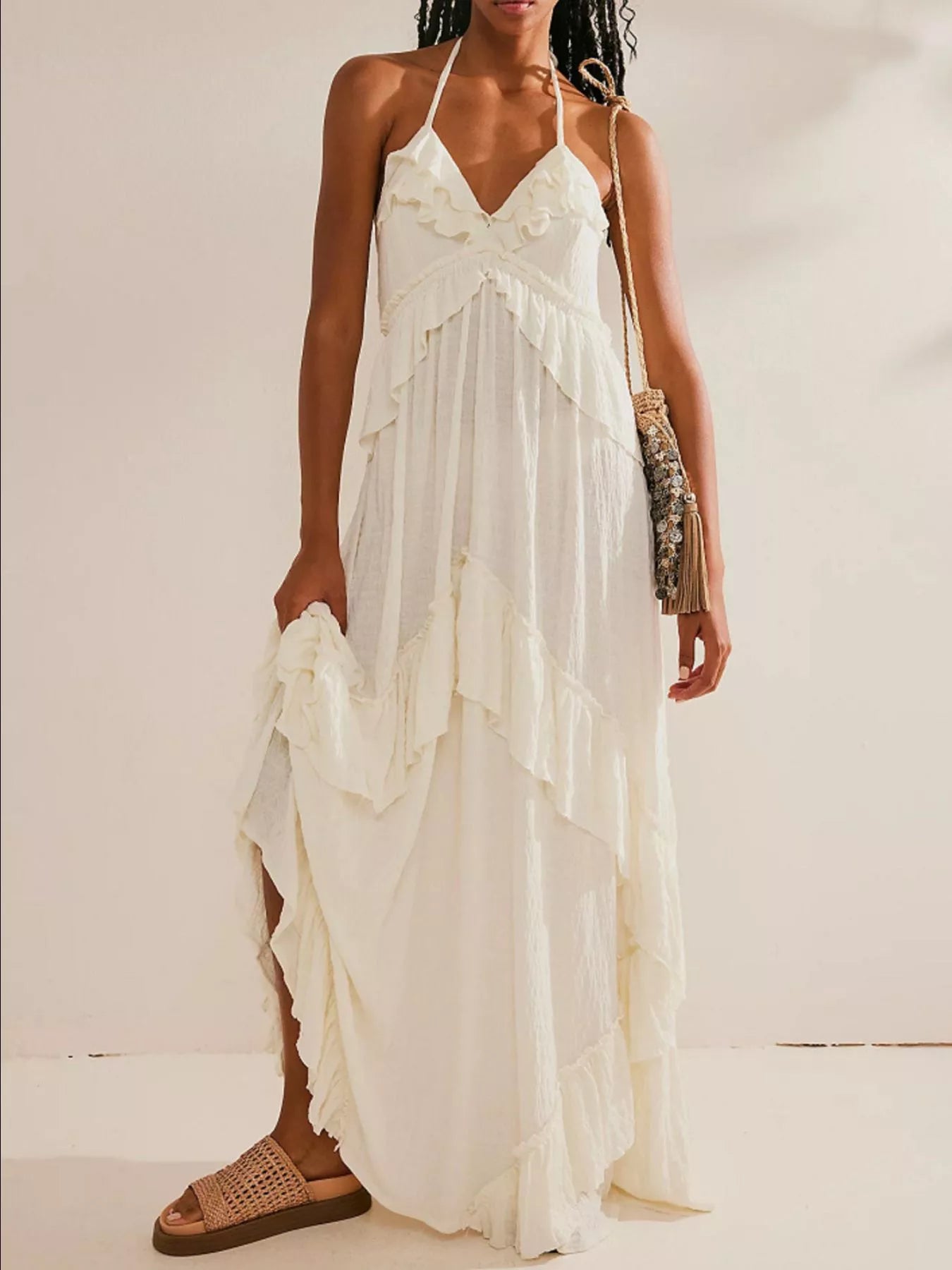Ruffled Halter Neck Maxi Dress by Belle Bijouix, white with layered ruffles.